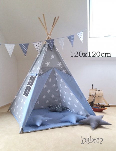 Tipi 120 Sterne grau : blau mit Fenster und Decke