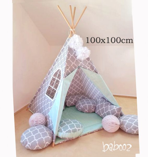 Tipi 100 marokkanisch grau:mint mit Fenster und Decke