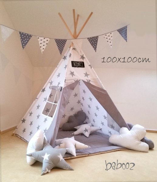 Tipi 100 weiß mit grauen Sternen : weiß mit Fenster und Decke