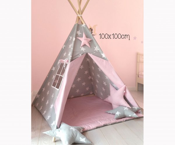 Tipi grau mit Sternen : rosa mit 2 Kissen