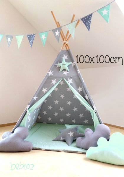 Tipi 100 grau mit Sternen:mint mit Namen und Decke