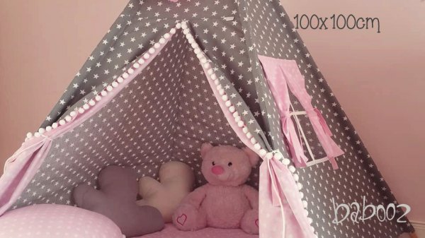 Tipi 100 grau mit Sternen:Polka Dots rosa mit Pompons, Fenster und Decke