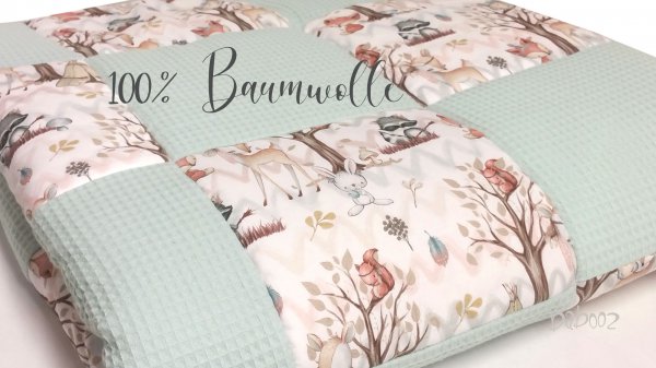 Krabbeldecke Waffelpiqué Waldtiere Patchwork mint