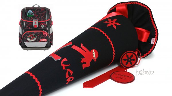 Schultüte Ninja, inkl. Name, aus Stoff schwarz-rot
