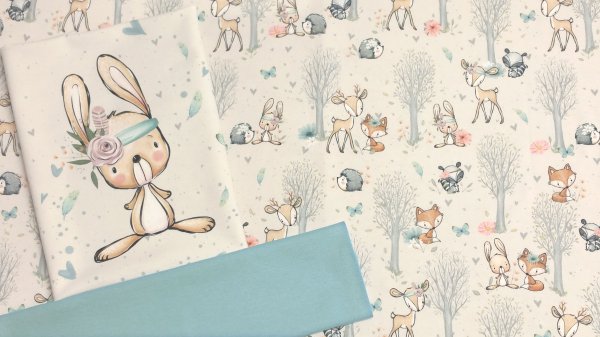 Stoff - Paket Baby Waldtiere Hase mit Bündchen in dusty aqua