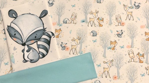 Stoff - Paket Baby Waldtiere Waschbär mit Bündchen in dusty aqua