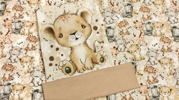 Stoff - Paket Afrika Babytiere Löwe mit Bündchen in beige
