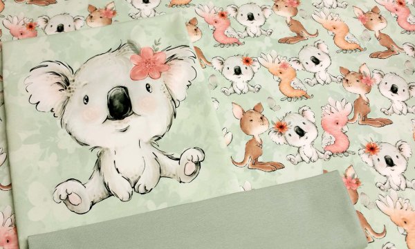 Stoff - Paket Tiere Australiens Koala mit Bündchen dusty mint