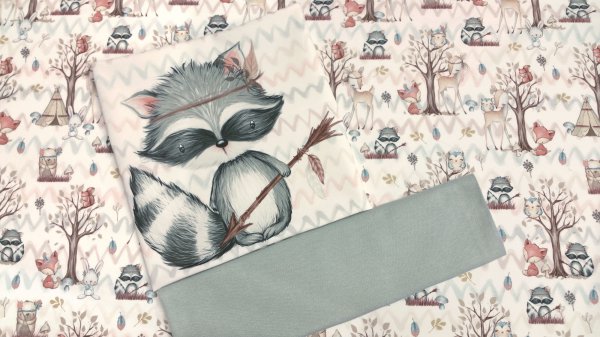 Stoff - Paket Waldtiere Waschbär mit Bündchen in dusty mint