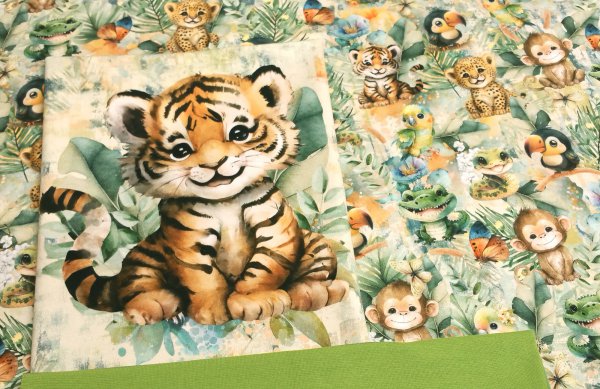 Stoff - Paket Tiger - 0,5m French Terry Safari + Panel Einhorn+ 0,25m Bündchen grün