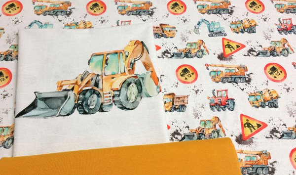 Stoff - Paket für Kinder - Bulldozer, Planierraupe - 0,5m French Terry + Panel Bulldozer+ 0,25m Bündchen ocker