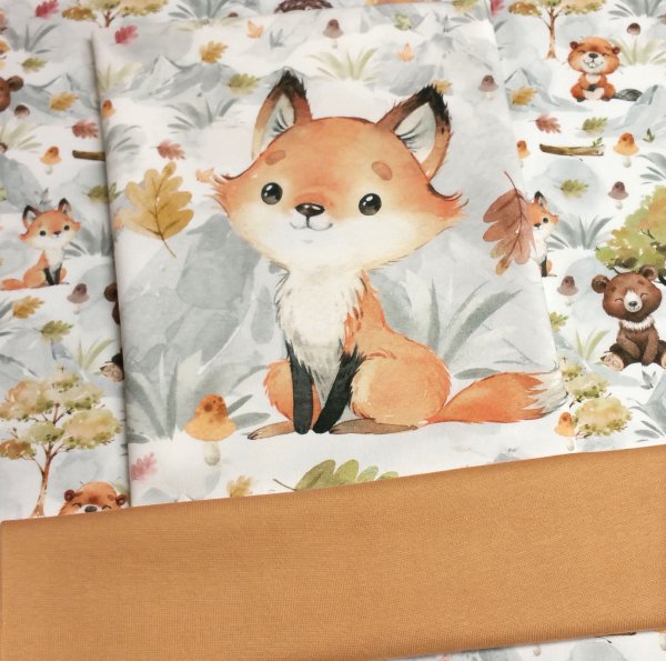 Stoffpaket für Kinder - Waldtiere / Herbst in den Bergen - Fuchs - 0,5m French Terry + Panel Biber + 0,25m Bündchen caramel