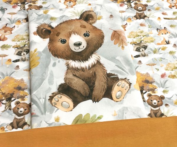 Stoffpaket für Kinder - Waldtiere / Herbst in den Bergen - Bär - 0,5m French Terry + Panel Biber + 0,25m Bündchen caramel