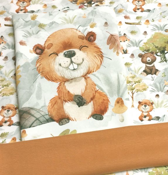 Stoffpaket für Kinder - Waldtiere / Herbst in den Bergen - Biber - 0,5m French Terry + Panel Biber + 0,25m Bündchen caramel