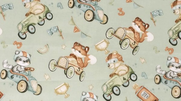 Baumwollstoff dusty mint Tiere in retro Autos