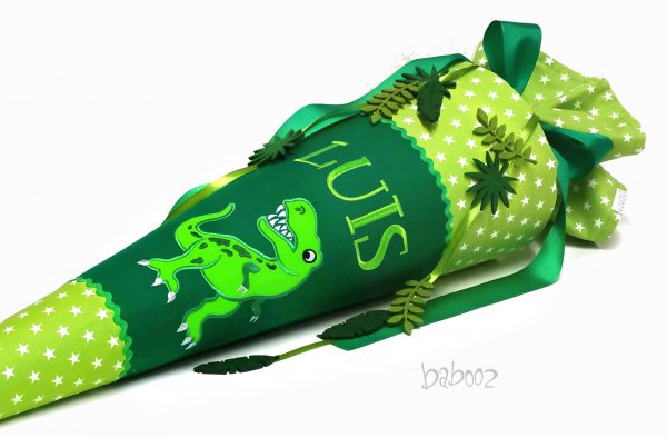 Schultüte Dino Applikation - grüne mit kleinen Sternen, inkl. Name