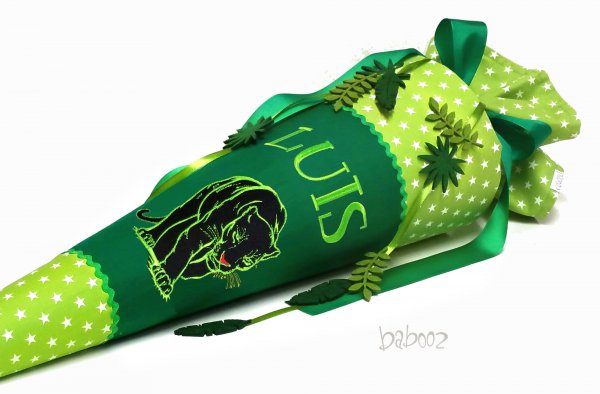 Schultüte Panther Applikation - grün mit kleinen Sternen, inkl. Name