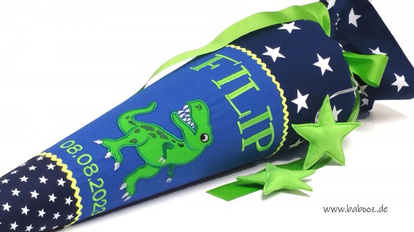 Schultüte Dino Applikation auf königsblau - dunkelblau mit Sternen, inkl. Name