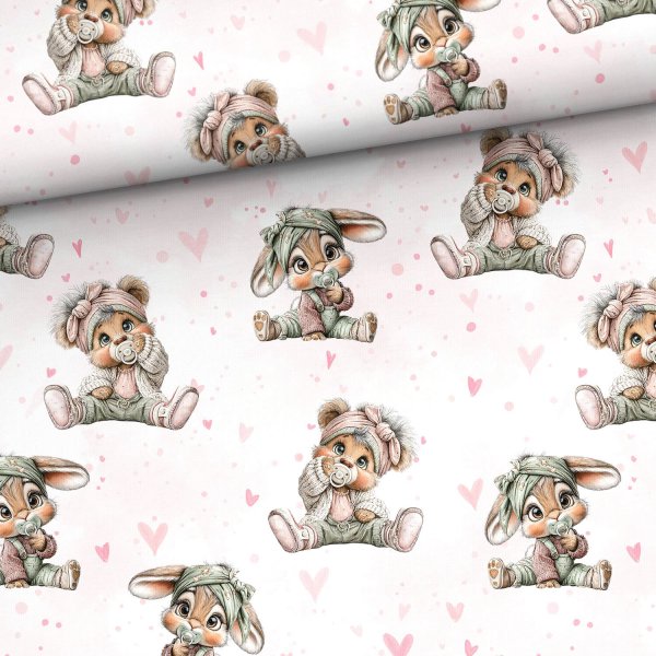 French Terry - Herzchen mit Hase und Teddy auf zartrosa