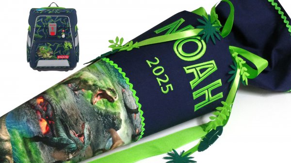 Schultüte Dino mit Namen in Jurassic Park Schrift - dunkelblau, mit Blättern (opt.)